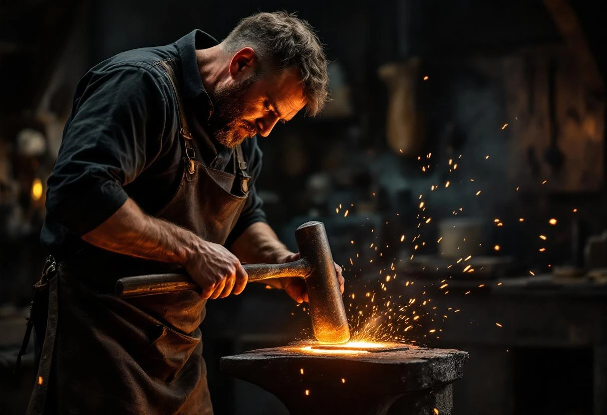 Craftsman blacksmith hammering glowing orange iron at an anvil in a traditional forge workshop